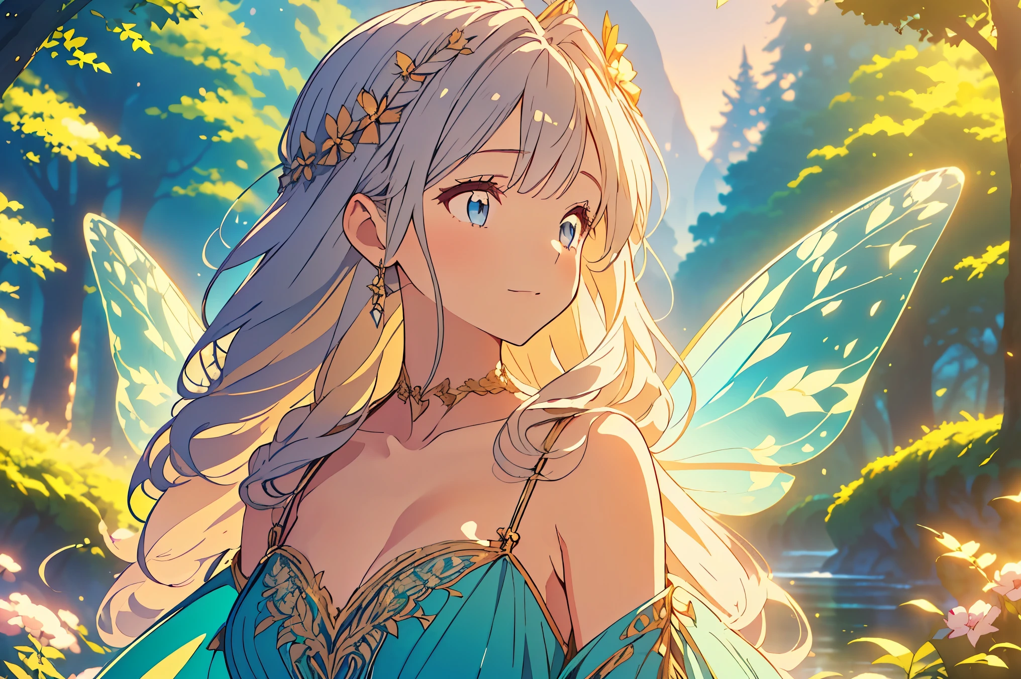 (((Best quality, 8k, Masterpiece: 1.3)), ((best quality)), ((masterpiece)), (detailed), perfect face, perfect body, (detailed skin:1.3), (intricate details), A graceful, grown-up fairy woman with delicate features and an air of elegance stands in an enchanted forest. She has shimmering wings that reflect hints of silver and gold in the soft moonlight. Dressed in a sophisticated, flowing blue gown adorned with subtle sparkles, she has an aura of maturity while still retaining her playful, magical essence. Her blonde hair is styled elegantly, and she wears a gentle, knowing smile. The forest around her is alive with glowing flowers, softly swaying trees, and a mist that adds a mystical atmosphere, creating a scene of enchanting beauty