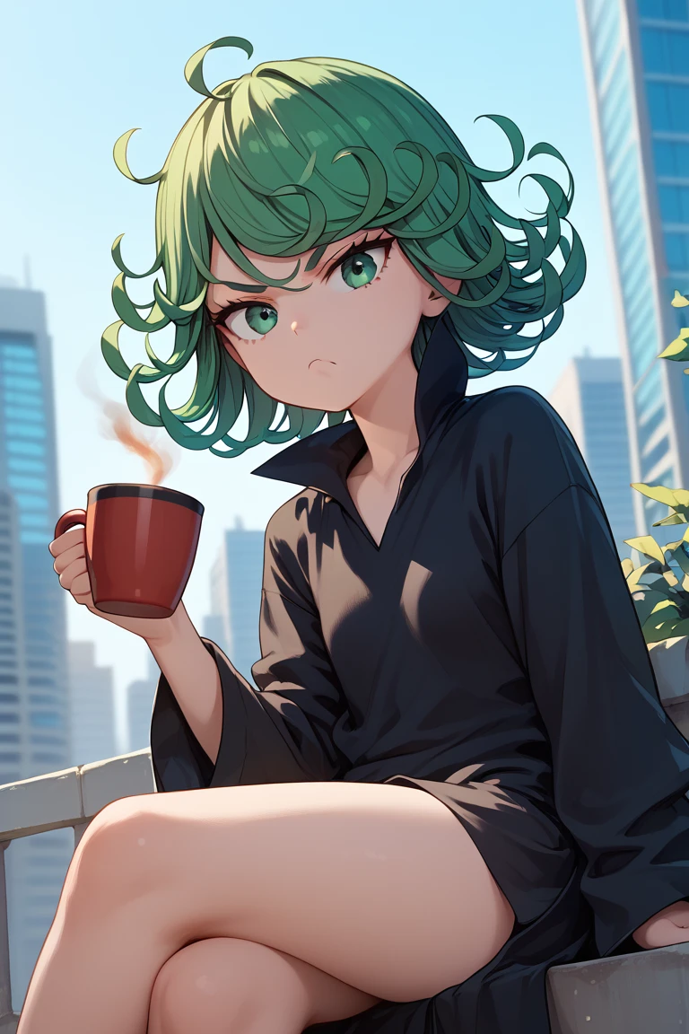 1girl, tatsumaki, official costume, outdoors, city, general, 
having coffee, sitting, looking at viewer, Angry, tightened jaw, squinted eyes, and raised eyebrows.,,