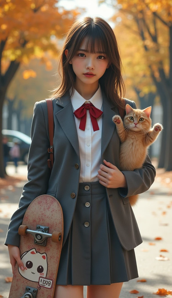 ultra-realistic, photorealistic, dramatic scene, shadow, global-illumination, solo, (teenage Japanese famous idol girl:1.5), very beautiful fragile Japanese girl, very beautiful with very cute but boyish cool face, (very large breasts), slim waist, (wearing a gray colored Japanese high school cute uniform of white shirt with blazer and skirt, red ribbon:1.2), (very large breasts), (The cat is hiding in her backpack, A giant fat cat peeks out of her backpack), She is holding a skateboard with an illustration of a cute giant cat on it, she is showing the illustration of a cute cat on the skateboard, at on a tree-lined avenue with autumn leaves, (face focus:1.6), very large breasts, 