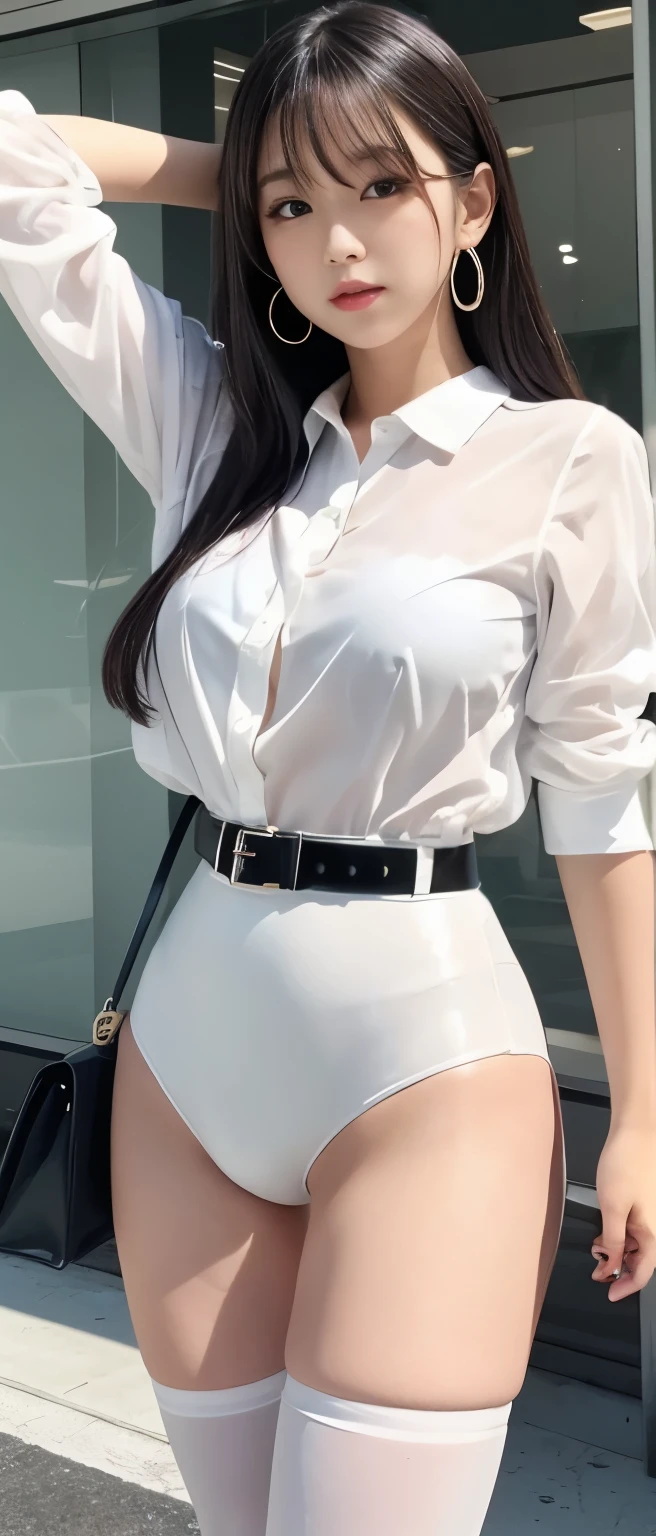 photorealistic, high resolution,photo of a girl, black hair, korean, light brown eyes, ((soaked) white shirt), skimpy tight black shorts, thick thighs, (((wet see-through), rainy)), (NSFW:1.05)