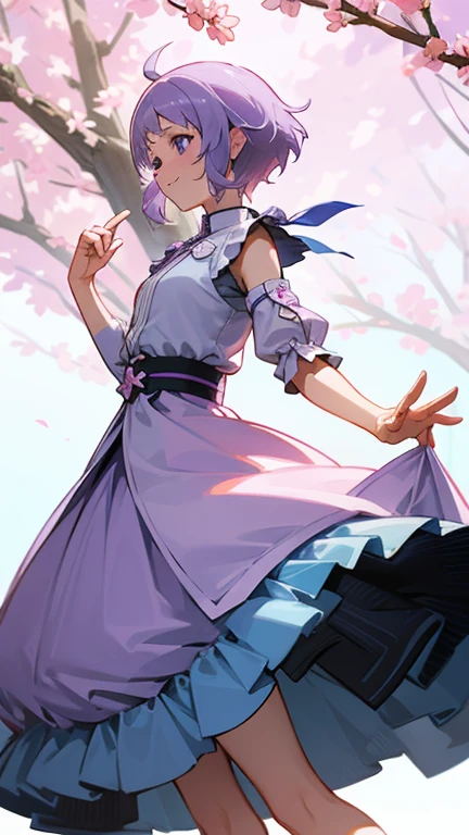  1 girl、Skin Radiance、smile、、 profile、Beautiful purple eyes、 light purple hair、 short hair、She is wearing a dress based on white and blue.、Sakura Park、Baiyun, (Perfect hands, perfect anatomy ),,  five fingers