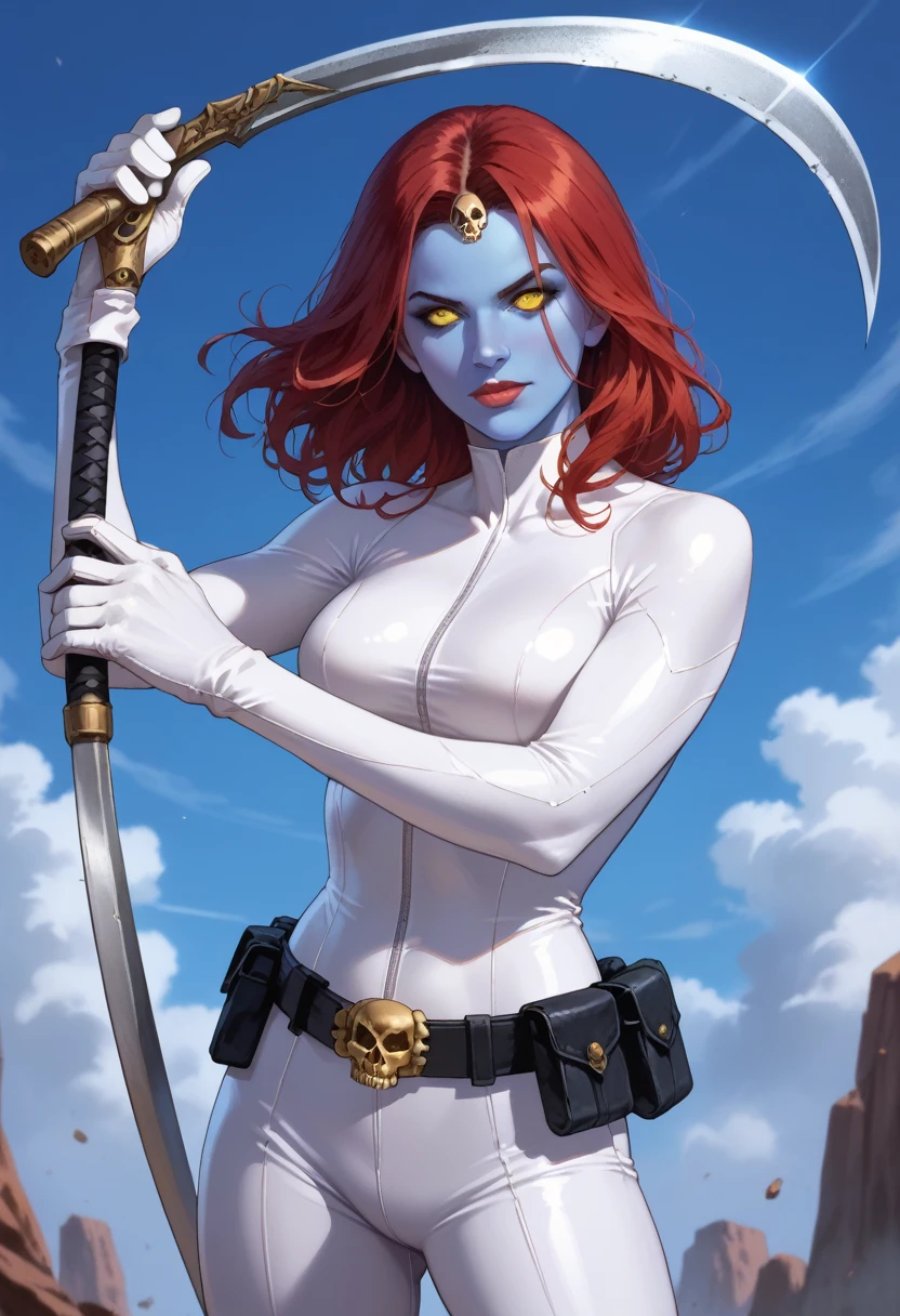 8k, mystique, on a scycraper, nighttime, (cool superhero pose), detailed pupils, white bodysuit, skull belt, masterpiece, best quality, detailed, comics style, (looking at viewer:1.25), 25 years old, blue skin, red hair, yellow eyes,