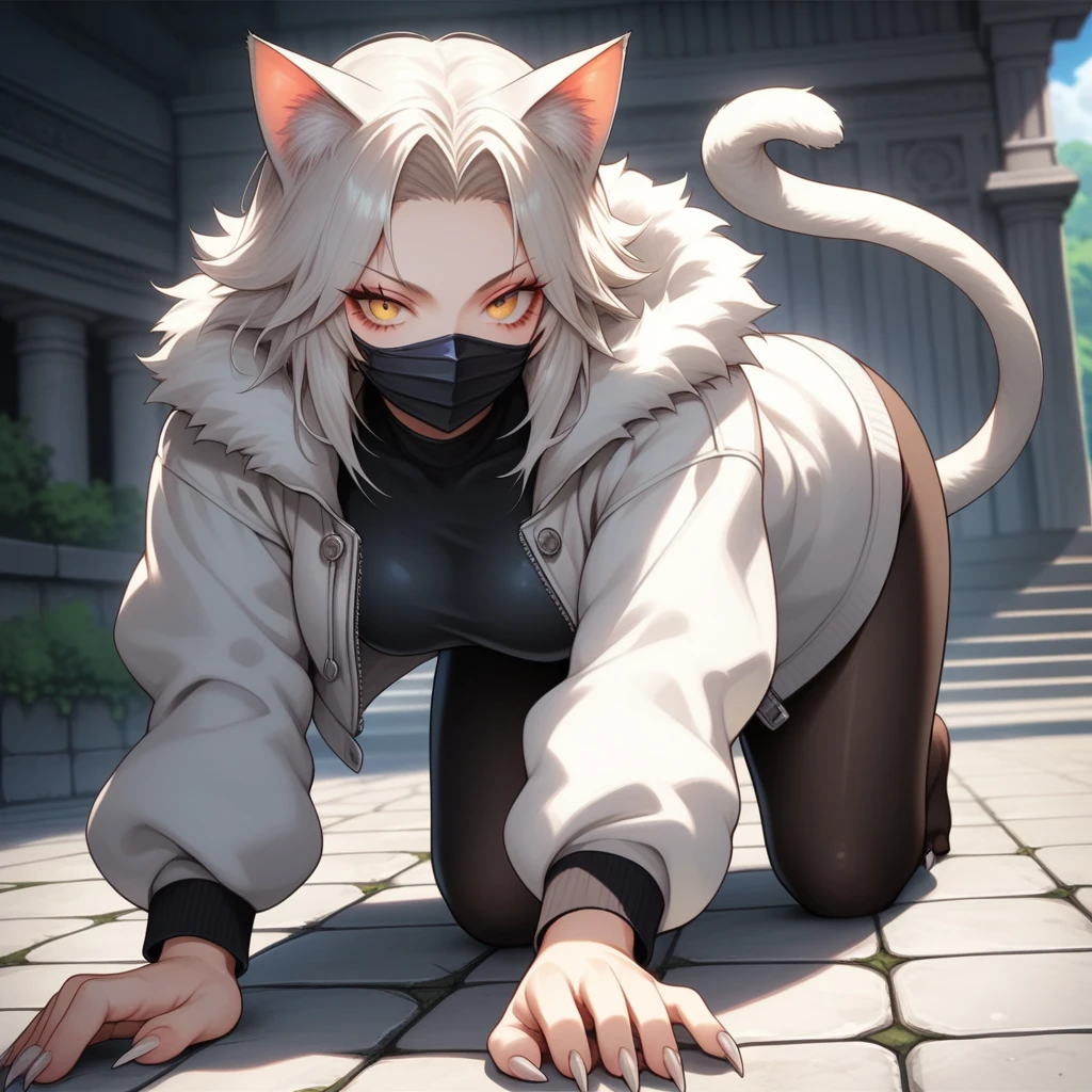 score_9, score_8_up, score_7_up, source_anime, 1girl, solo, Nekomata on all fours on stone steps with a view of the sea, yellow cat eyes, black mask, cat tail and short white fur jacket, tight all-over black tights under short white fur jacket, cat claws, brown one-side-parted hair, anthropomorphic female cat, digital colorful landscape, stone steps to the Temple of the Ancients background, leading to a beautiful view. female-panther pose, kanekostyle, by Kazuma Kaneko, eye shadow, eyelashes