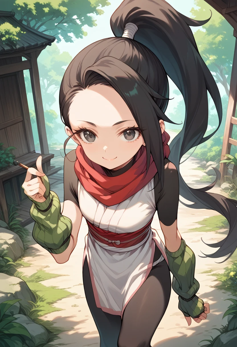 masterpiece, Hi-Res,Best Quality,8k
(Kunoichi,Ninja)
( Black Hair , ponytail,Big black eyes, small breasts, skinny)
( white shirt, black tights,green arm warmers, red scarf) gentle smile 