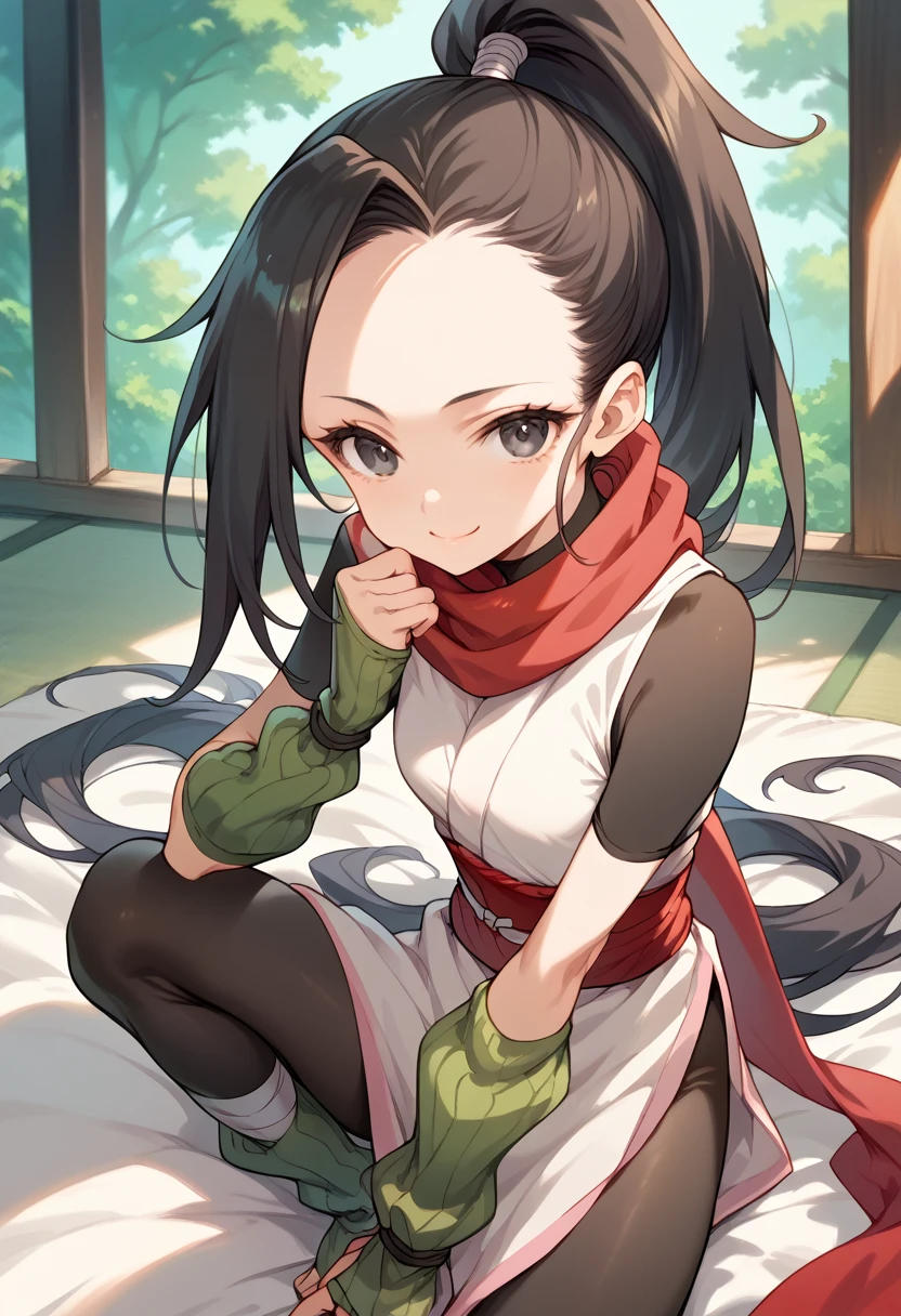 masterpiece, Hi-Res,Best Quality,8k
(Kunoichi,Ninja)
( Black Hair , ponytail,Big black eyes, small breasts, skinny)
( white shirt, black tights,green arm warmers, red scarf) gentle smile 