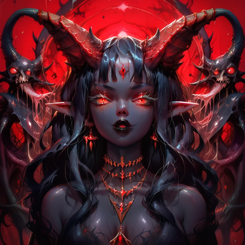 score_9, score_8_up, score_7_up, (Random poses), A beautifully detailed woman, succubus female, long black hair, elf ears, large eyes, red iris, long eyelashes, detailed facial features, black lipstick, (((Black skin))), demon horns, (((Eldritch horror background)))