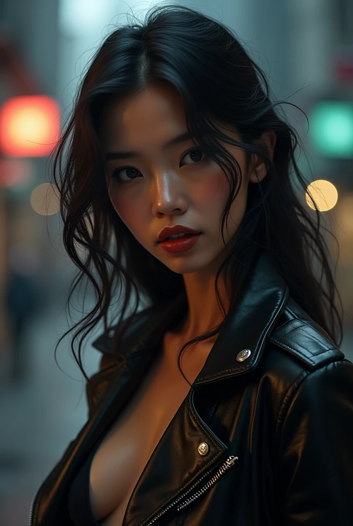 Masterpiece, Close-up, a beautiful Japanese woman with huge breasts in a dystopian city with neon signs and holograms projected on the buildings and sky, lipstick, punk leather clothing, tattoos, long straight black hair, day. cyberpunk aesthetics, action movie shot by Kon Satoshi, very detailed lighting, dramatic, digital art trend in Artstation 8k HD high definition detailed realistic, detailed, skin texture, hyper detailed, realistic skin texture, armor, best quality, ultra high res, (photorealistic: 1.4), high resolution, detailed, Raw photo, Sharp Re, by Lee Jeffries Nikon D850 Film Stock Photography 4 Kodak Portra 400 Camera F1.6 Lens Rich Colors Hyper Realistic Realistic Texture UnrealEngine Dramatic Lighting Trend in ArtStation Cinestill 800
