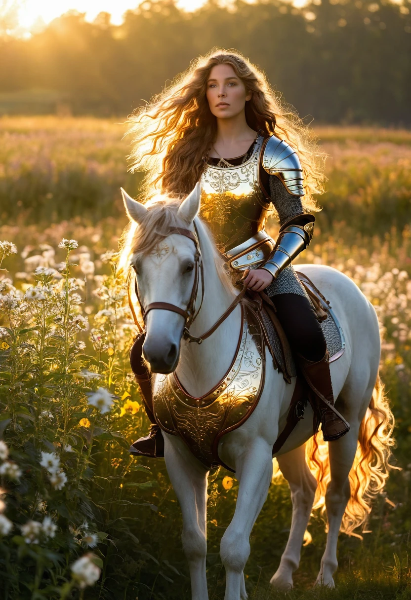 "A majestic centaur girl with long, wavy hair, wearing shining medieval armor, stands in a field of flowers at dawn, a golden light playing across her features."