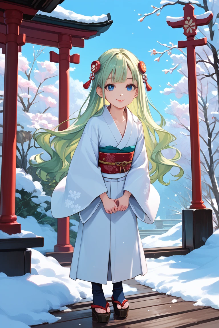 masterpiece, top quality, shrine, 1girl, snow,
Yukicomera, short kimono, long hair, light green long hair, hair ornament, blue eyes, lipstick, chest, white kimono, white kimono, obi, chibi,

Score_9, Score_8_up, Score_7_up, Original anime, Evaluation_Questionable, 1 girl, Solo, Full body, Background details, Minka, Outdoors, Grass,

small breasts, flat chest, 
I grabbed her skirt and bowed, smiling slightly and leaning forward,
