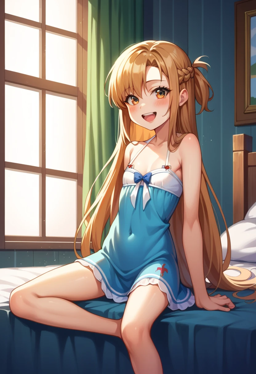 ((Best Quality)), ((masterpiece)), (be familiar with),  perfect face, indoor, bedroom,  watching viewers,
One woman,  Asuna Yuki,
 characters with open mouth ,  ecstatic expression, blush, smile,
Small breasts,  flat chest, Young girl, Lori,  kids,  girl,
Long Hair,  long hair,
Leg spread,