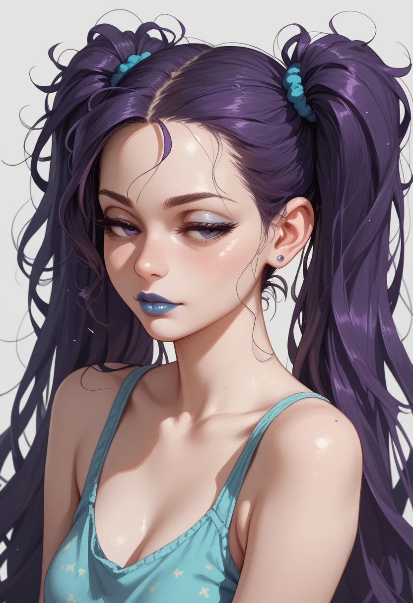 Sexy girl, half closed eyes, twintails hair, very long hair, messy hair, dark purple hair, Blue lipstick