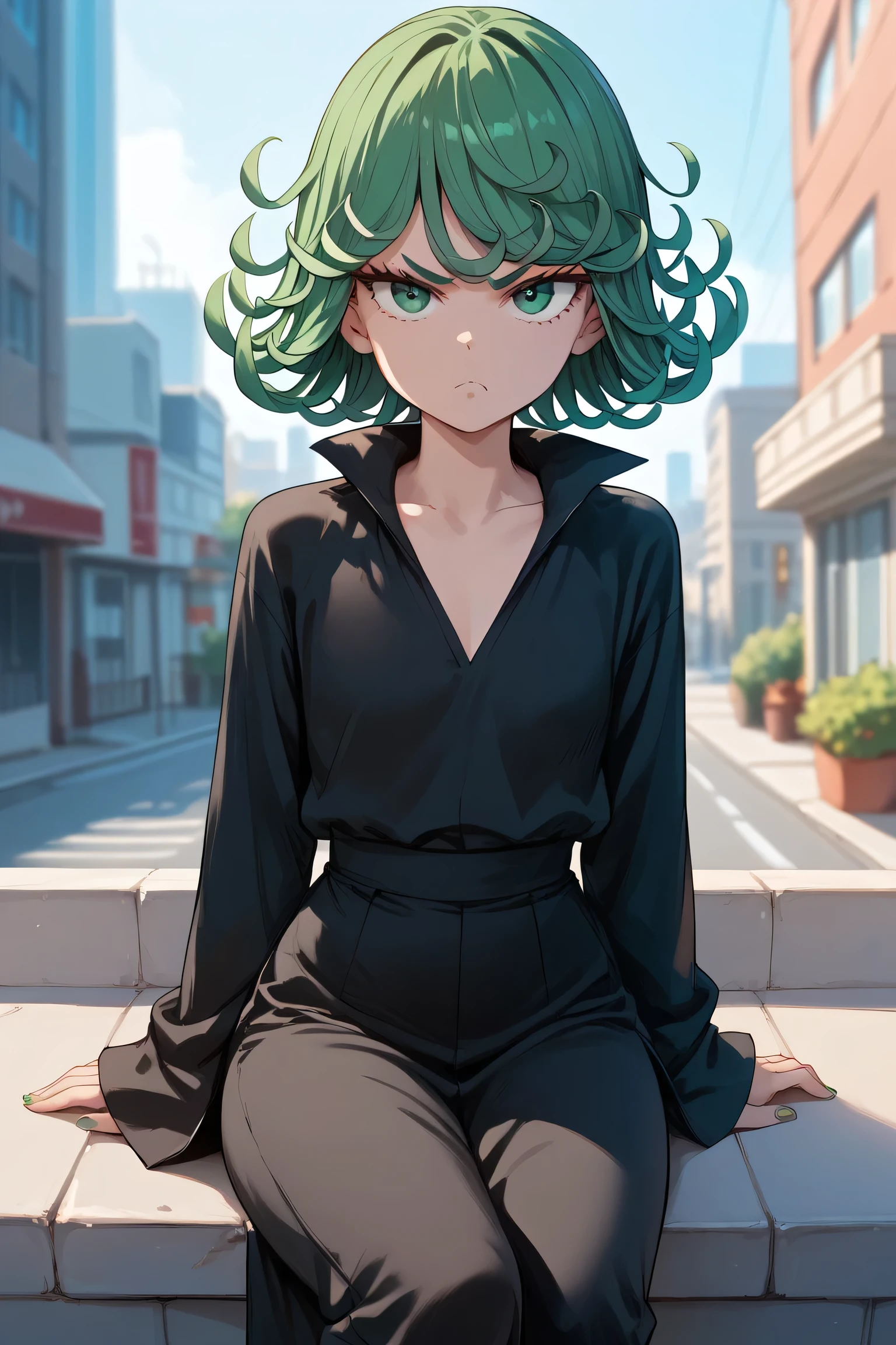 1girl, tatsumaki, official costume, outdoors, city, general, 
having coffee, sitting, looking at viewer, Angry, tightened jaw, squinted eyes, and raised eyebrows.,,