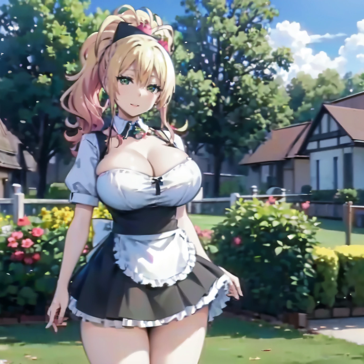 Blonde hair, very huge tits , ((maid uniform, short skirt, maid hat,)), ((thick, busty)), green eyes, ponytail hair, upperbody, smile, cleavage, legs, thigh, garden flower background