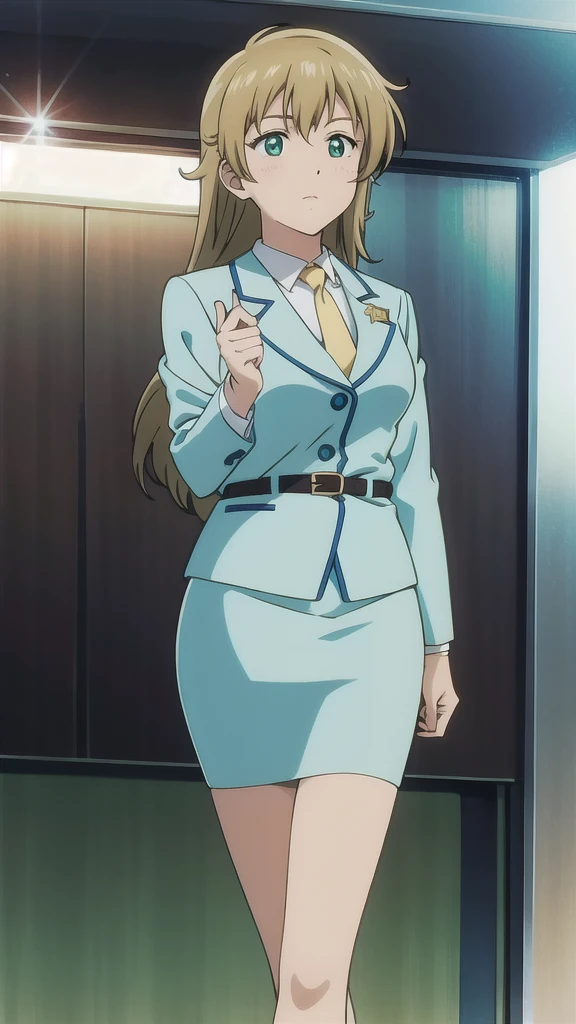 Brown Hair、 Long Straight Hair、Green Eyes，悲しいface， Full Body Style 、 normal breasts、 narrow waist 、Bare legs、In a suit、 blue jacket ,襟付きshirt, shirt, yellow tie ,belt,,  Blue Mini Pencil Skirt, black tights，White pumps，My legs are slightly flabby， OFFICIAL ART, Extremely Fine CG Unity 8k Wallpaper,  full light, colorful , bright _ Front_face_ Lighting,  shiny skin, ( masterpiece:1.0),(Highest_quality:1.0), 超 Hi-Res,4K,Ultra-detailed, photo shoot, 8k,  Hi-Res,  Hi-Res,  absurd:1.2,  Kodak Portra 400,  film grain,  blurry background, Bokeh:1.2,  lens flare , (Vibrant_ color:1.2), Professional photography,Anime Images、