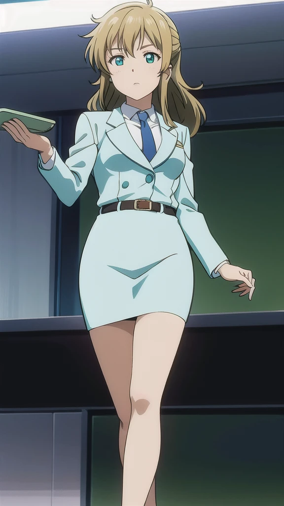 Brown Hair、 Long Straight Hair、Green Eyes，悲しいface， Full Body Style 、 normal breasts、 narrow waist 、Bare legs、In a suit、 blue jacket ,襟付きshirt, shirt, yellow tie ,belt,,  Blue Mini Pencil Skirt, black tights，White pumps，My legs are slightly flabby， OFFICIAL ART, Extremely Fine CG Unity 8k Wallpaper,  full light, colorful , bright _ Front_face_ Lighting,  shiny skin, ( masterpiece:1.0),(Highest_quality:1.0), 超 Hi-Res,4K,Ultra-detailed, photo shoot, 8k,  Hi-Res,  Hi-Res,  absurd:1.2,  Kodak Portra 400,  film grain,  blurry background, Bokeh:1.2,  lens flare , (Vibrant_ color:1.2), Professional photography,Anime Images、