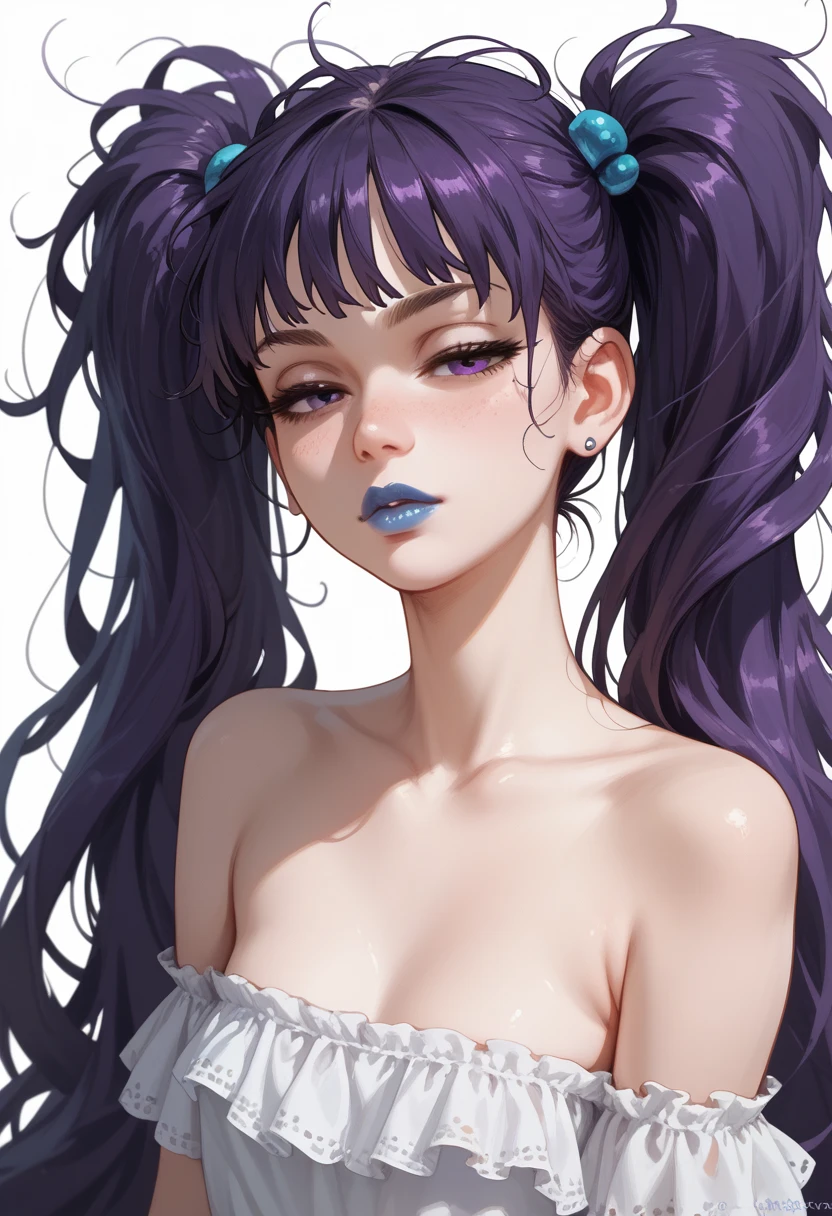 Sexy girl, half closed eyes, twintails hair, very long hair, messy hair, dark purple hair, Blue lipstick, very pale skin