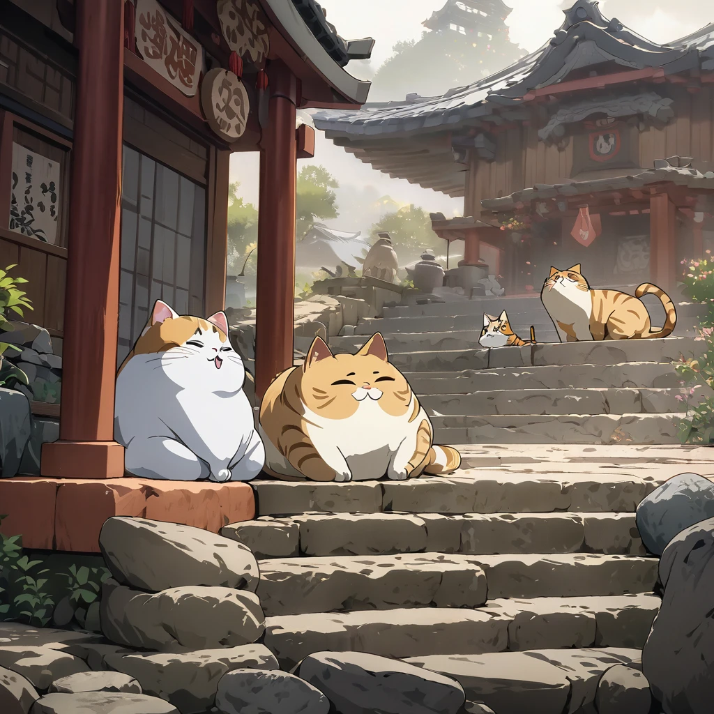 (Best Quality, very detailed depiction, incredible high resolution,High quality anime drawings), deformed character ,Cats on the stone steps ,Circle々and a fat cat , sleepy look after intercourse,石段の上でCircleくなっている,stairs made of stone,background:Staircase in front of a shrine 