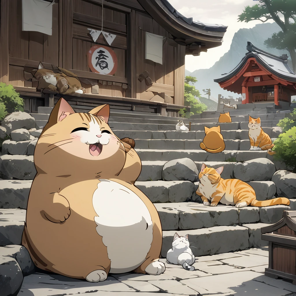 (Best Quality, very detailed depiction, incredible high resolution,High quality anime drawings), deformed character ,Cats on the stone steps ,Circle々and a fat cat , sleepy look after intercourse,石段の上でCircleくなっている,stairs made of stone,background:Staircase in front of a shrine 