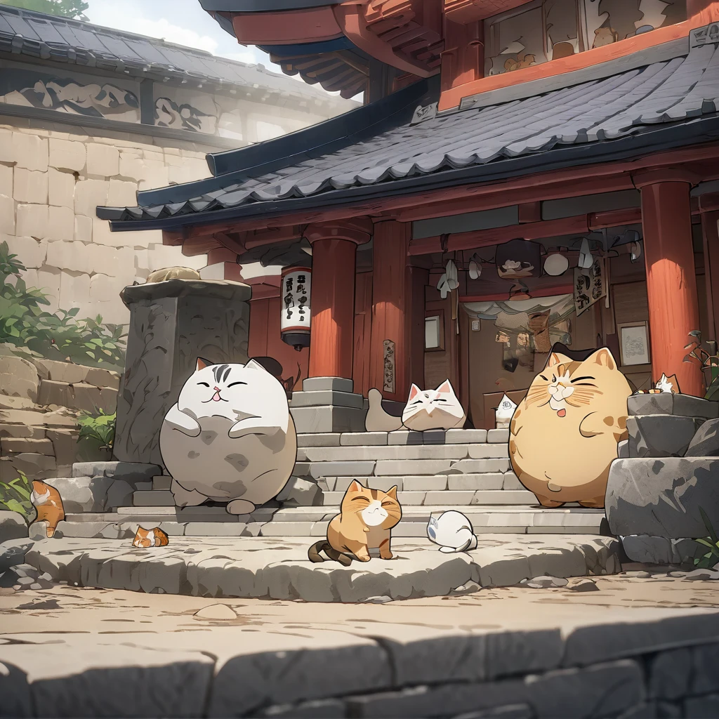 (Best Quality, very detailed depiction, incredible high resolution,High quality anime drawings), deformed character ,Cats on the stone steps ,Circle々and a fat cat , sleepy look after intercourse,石段の上でCircleくなっている,stairs made of stone,background:Staircase in front of a shrine 