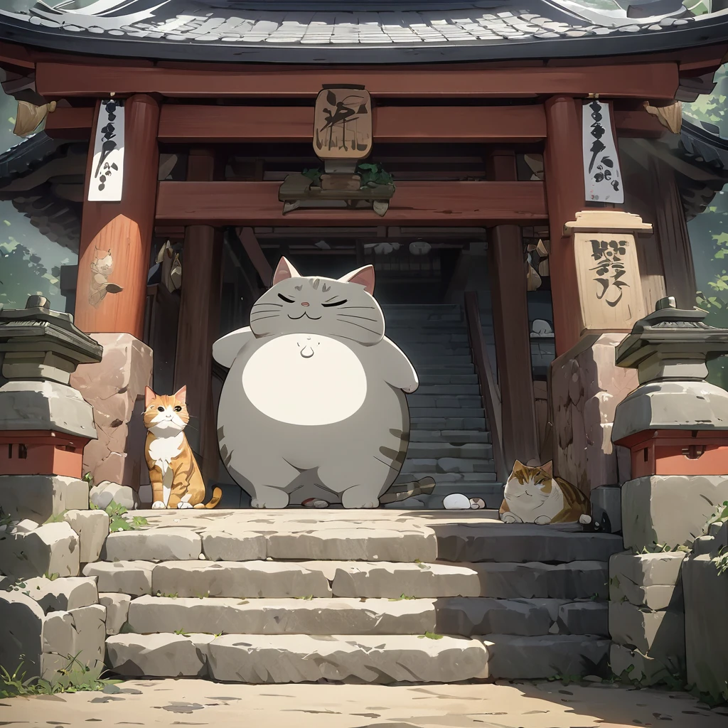 (Best Quality, very detailed depiction, incredible high resolution,High quality anime drawings), deformed character ,Cats on the stone steps ,Circle々and a fat cat , sleepy look after intercourse,石段の上でCircleくなっている,stairs made of stone,background:Staircase in front of a shrine 