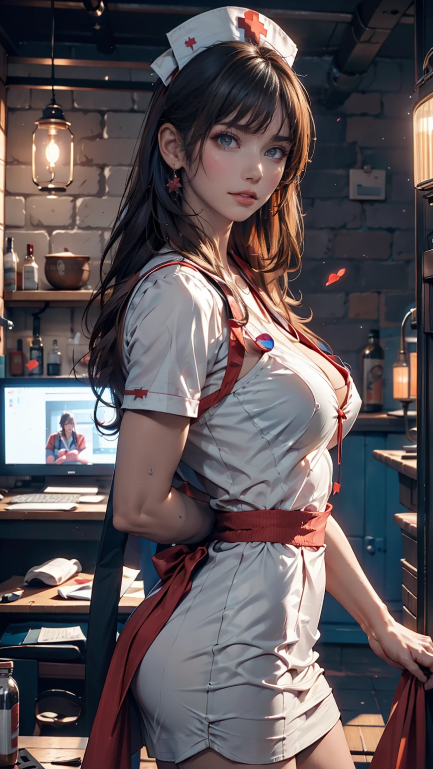 Woman who is reading and studying, young woman, computer in the room, mature looking, willow eyebrows, big eyes, woman with delicate facial features, woman sitting at the computer desk live broadcast, detail portrayal, infinite detail, Tyndall effect, ultra definition, 8K, character tracing, ray tracing, modern woman, high value, beauty, intellectual beauty, sexy seduction, (((wearing white nurse's uniform))), (urban beauty), (sexy), (seductive) (off-the-shoulder)