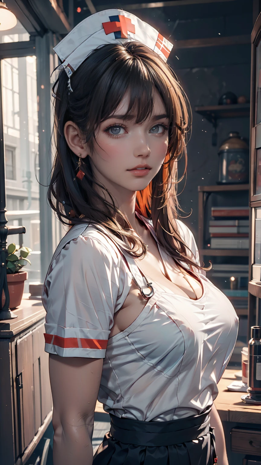 Super detailed, masterpiece, High resolution, Photorealistic digital art, perfect lighting, (((1 girl, perfect anatomy))), accurate right hand, accurate left hand, five fingers, perfect style, (Suletta Marcury), 3d face, big blue eyes, Detailed and beautiful eyes, glossy lips, Red curly hair, Beautiful brown skin, shiny skin, shy smile, (((white School uniform))), deep cleavage 2.8, ((bending, hands on waist, chin up, erotic poses, erotica, seductive wet lips))