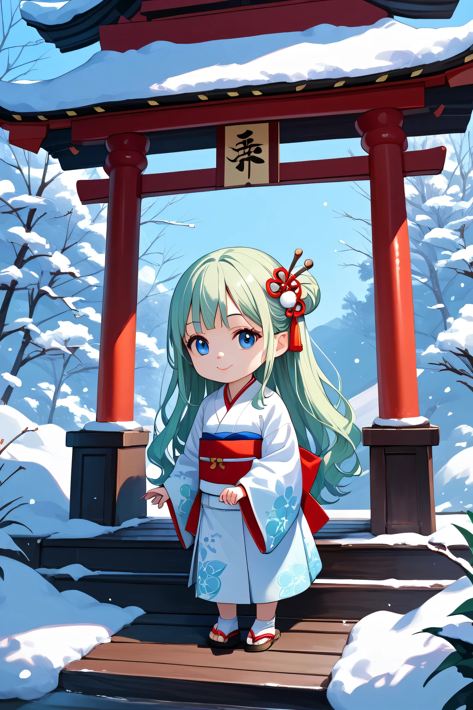 masterpiece, top quality, shrine, 1girl, snow,
Yukicomera, short kimono, long hair, light green long hair, hair ornament, blue eyes, lipstick, chest, white kimono, white kimono, obi, chibi,

Score_9, Score_8_up, Score_7_up, Original anime, Evaluation_Questionable, 1 girl, Solo, Full body, Background details, Minka, Outdoors, Grass,

small breasts, flat chest, 
I grabbed her skirt and bowed, smiling slightly and leaning forward,
