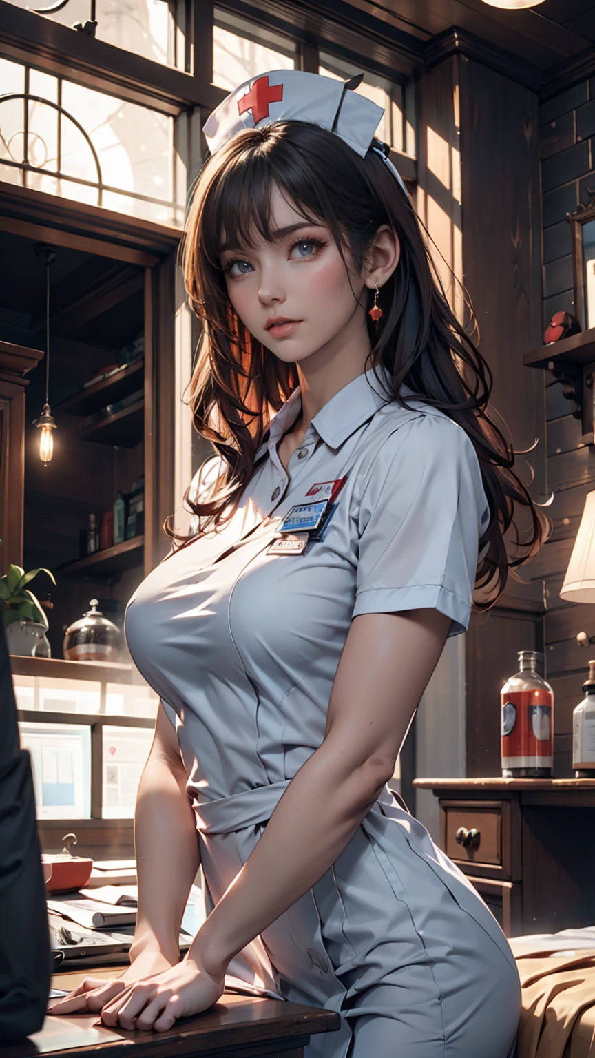 Best Quality, masterpiece,  super high definition , (Realism: 1.4), Original photo,  1 girl, Dressed conservatively, Nurse attire,  Movie Lighting, Big Breasts,