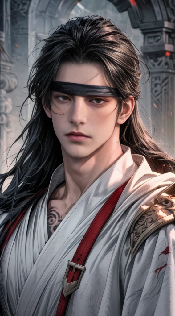 Art board  ,  Close-up of a man with long dark hair  ,  man in a white robe , Blindfold ,  beautiful character   , Epic and  beautiful character  art, Nice character art , author：Pan Qi , realistic art ,  ,  The edges of the picture are blurry with splashes of ink ( Ultra High Definition Face ) , ( ultra-detailed ink art )，Red eyes，Handsome