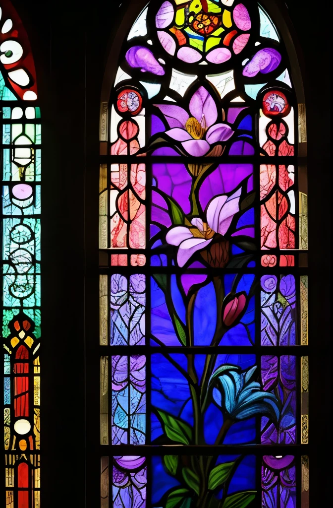 a stained glass window with a blue flower and leaves, a detailed painting by Android Jones, behance contest winner, art nouveau, glowing stained glass backdrop, stained glass style, stained glass, stained glass art, amethyst stained glass, gothic stained glass style, stained glass!!, stain glass, stained glass window, intricate stained glass, beautiful stained glass window, stained glass window!!!!!