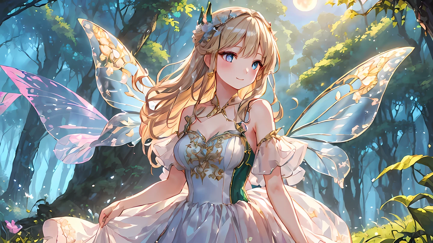 (((Best quality, 8k, Masterpiece: 1.3)), ((best quality)), ((masterpiece)), (detailed), perfect face, perfect body, (detailed skin:1.3), (intricate details), A graceful, grown-up fairy woman with delicate features and an air of elegance stands in an enchanted forest. She has shimmering wings that reflect hints of silver and gold in the soft moonlight. Dressed in a sophisticated, flowing blue gown adorned with subtle sparkles, she has an aura of maturity while still retaining her playful, magical essence. Her blonde hair is styled elegantly, and she wears a gentle, knowing smile. The forest around her is alive with glowing flowers, softly swaying trees, and a mist that adds a mystical atmosphere, creating a scene of enchanting beauty