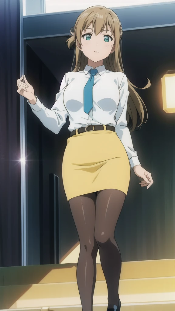 Brown Hair、 Long Straight Hair、Green Eyes，悲しいface， Full Body Style 、 normal breasts、 narrow waist 、Bare legs、In a suit、 blue jacket ,襟付きshirt, shirt, yellow tie ,belt,,  Blue Mini Pencil Skirt, black tights，White pumps，My legs are slightly flabby， OFFICIAL ART, Extremely Fine CG Unity 8k Wallpaper,  full light, colorful , bright _ Front_face_ Lighting,  shiny skin, ( masterpiece:1.0),(Highest_quality:1.0), 超 Hi-Res,4K,Ultra-detailed, photo shoot, 8k,  Hi-Res,  Hi-Res,  absurd:1.2,  Kodak Portra 400,  film grain,  blurry background, Bokeh:1.2,  lens flare , (Vibrant_ color:1.2), Professional photography,Anime Images、