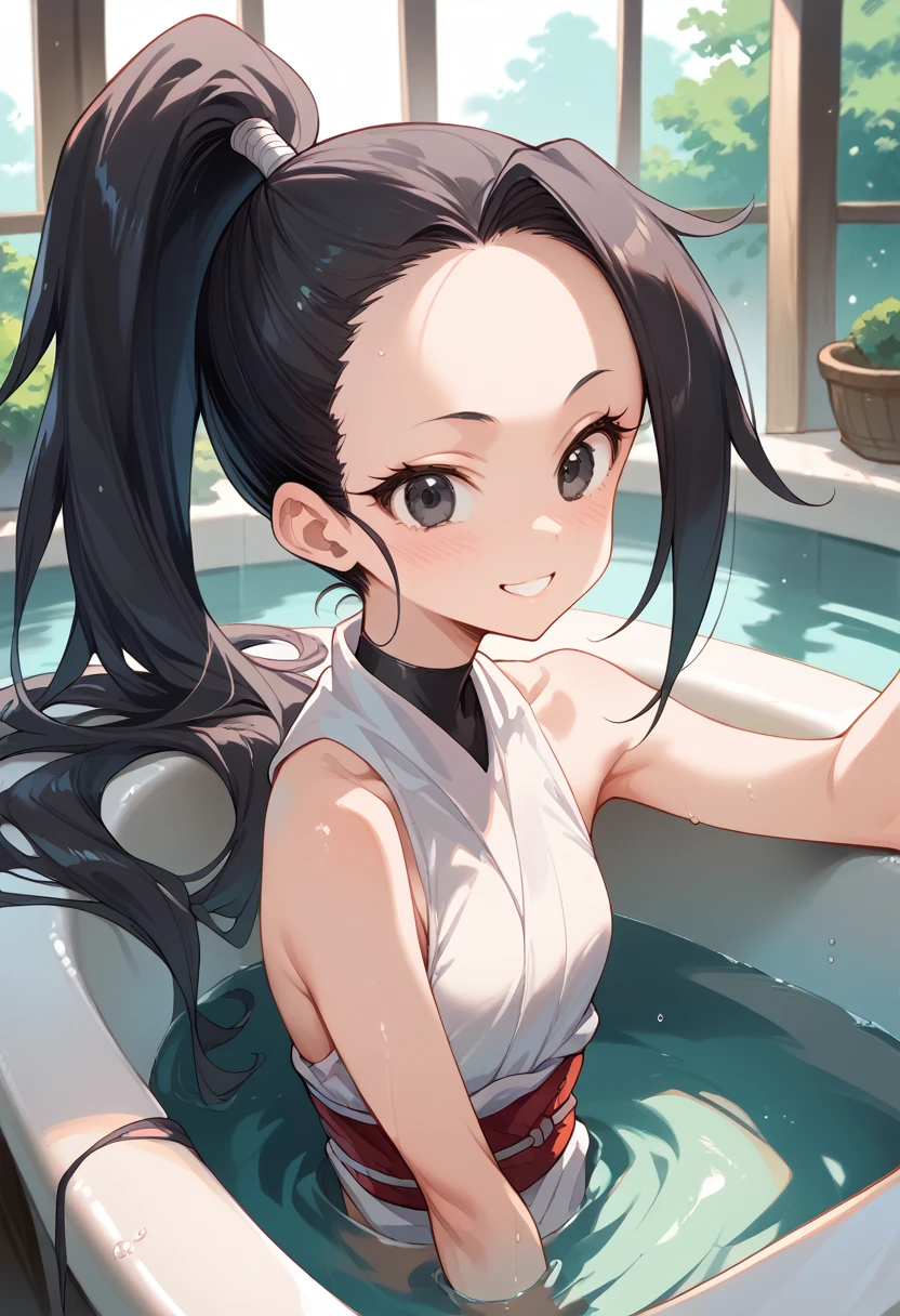 masterpiece, Hi-Res,Best Quality,8k
(Kunoichi,Ninja)
( Black Hair , ponytail,Big black eyes, small breasts, skinny)
smile, is embarrassing,Public bath