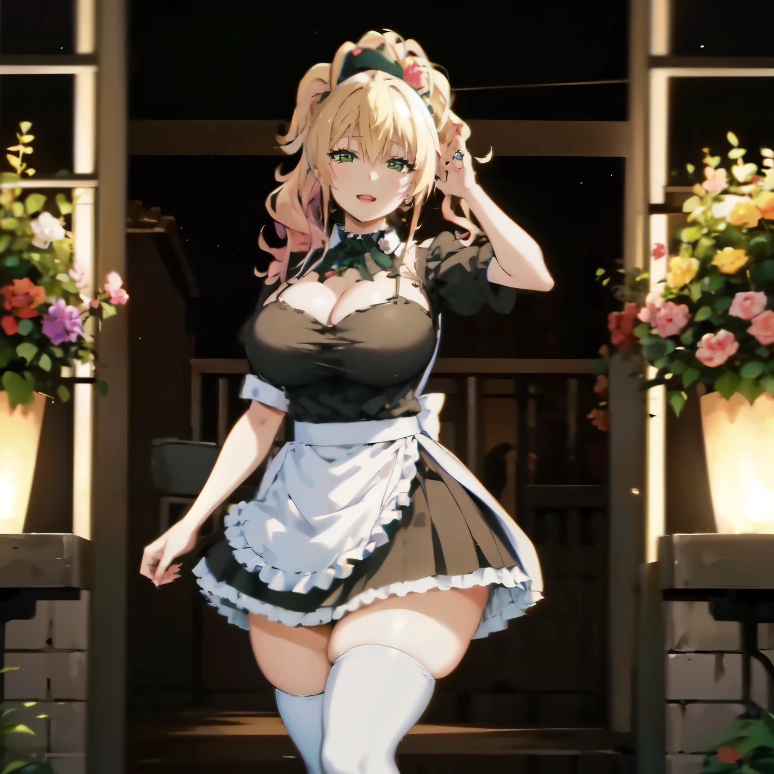 Blonde hair, very huge  , ((maid uniform, short skirt, maid hat,)), ((thick, busty)), green eyes, ponytail hair, upperbody, smile, cleavage, legs, thigh, garden flower background, randome pose