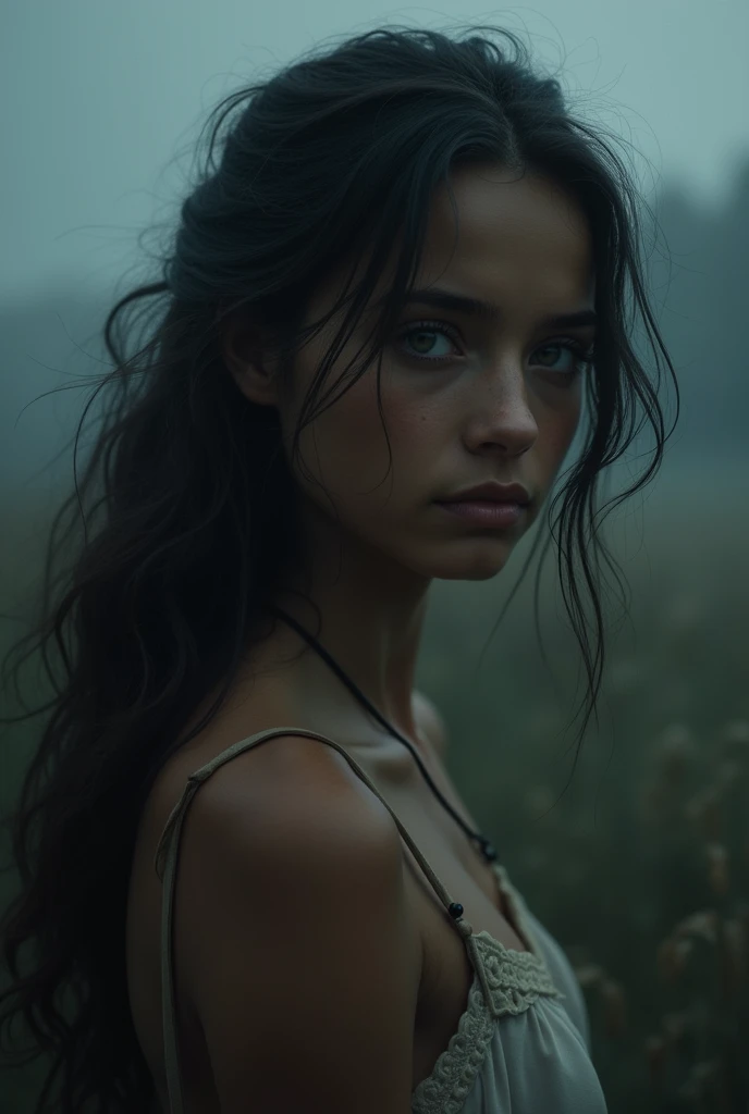 epic realistic, (dark shot:1.4), 80mm, Create a portrait of a woman with long, dark hair. She has a mysterious expression, gazing at the viewer with a slight tilt of her head. She is simply dressed, with an arm wrapped around a tree branch that also resembles a brain cell. The background features a forest of blue, impressionistic leaves, with an eerie white light shining through and a gradient shadow on the top part of the woman's face. Use a backlighting effect to add depth to the image. impressionistic painting style, john singer sarget, anders zorn, blue pallette, wider show with more background and forest, (natural skin texture, hyperrealism, soft light, sharp:1.2), soft light, sharp, exposure blend, medium shot, bokeh, (hdr:1.4), high contrast, (cinematic, teal and orange:0.85), (muted colors, dim colors, soothing tones:1.3), low saturation, (hyperdetailed:1.2), (noir:0.4), (intricate details:1.12), hdr, (intricate details, hyperdetailed:1.15), faded, (neutral colors:1.2), art, (hdr:1.5), (muted colors:1.1), (pastel:0.2), hyperdetailed, (artstation:1.4), warm lights, dramatic light, (intricate details:1.2), vignette, complex background, rutkowski,