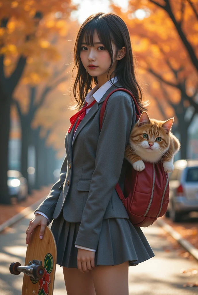 ultra-realistic, photorealistic, dramatic scene, shadow, global-illumination, solo, (teenage Japanese famous idol girl:1.5), very beautiful fragile Japanese girl, very beautiful with very cute but boyish cool face, (very large breasts), slim waist, (wearing a gray colored Japanese high school cute uniform of white shirt with blazer and skirt, red ribbon:1.2), (very large breasts), (The cat is hiding in her backpack, A giant fat cat peeks out of her backpack), She is holding a skateboard with an illustration of a cute giant cat on it, she is showing the illustration of a cute cat on the skateboard, at on a tree-lined avenue with autumn leaves, (face focus:1.6), very large breasts, 