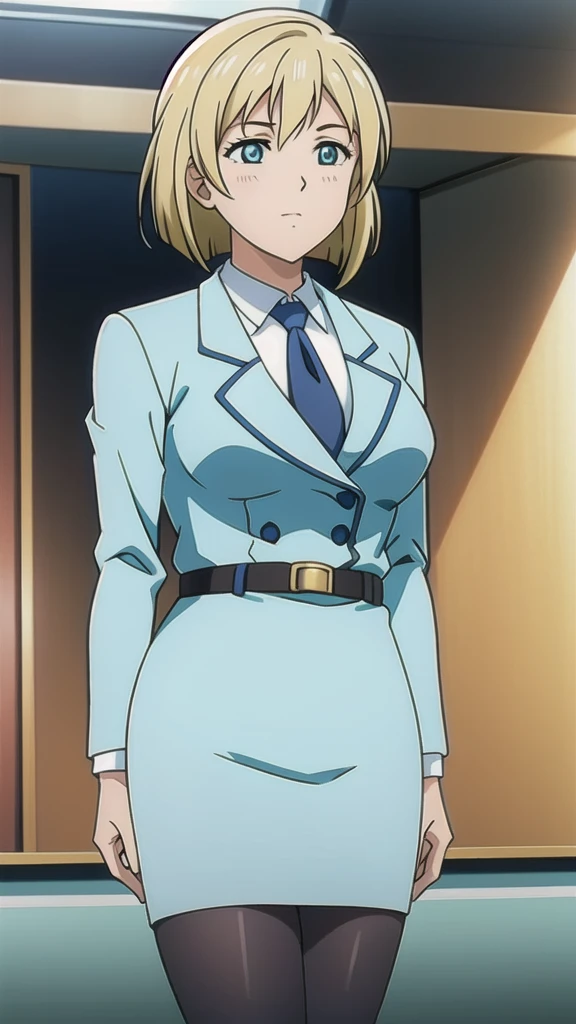 Blonde、 bob cut、Green Eyes，悲しいface， Full Body Style 、 normal breasts、 narrow waist 、Bare legs、In a suit、 blue jacket ,襟付きshirt, shirt, yellow tie ,belt,,  Blue Mini Pencil Skirt, black tights，White pumps，My legs are slightly flabby， OFFICIAL ART, Extremely Fine CG Unity 8k Wallpaper,  full light, colorful , bright _ Front_face_ Lighting,  shiny skin, ( masterpiece:1.0),(Highest_quality:1.0), 超 Hi-Res,4K,Ultra-detailed, photo shoot, 8k,  Hi-Res,  Hi-Res,  absurd:1.2,  Kodak Portra 400,  film grain,  blurry background, Bokeh:1.2,  lens flare , (Vibrant_ color:1.2), Professional photography,Anime Images、