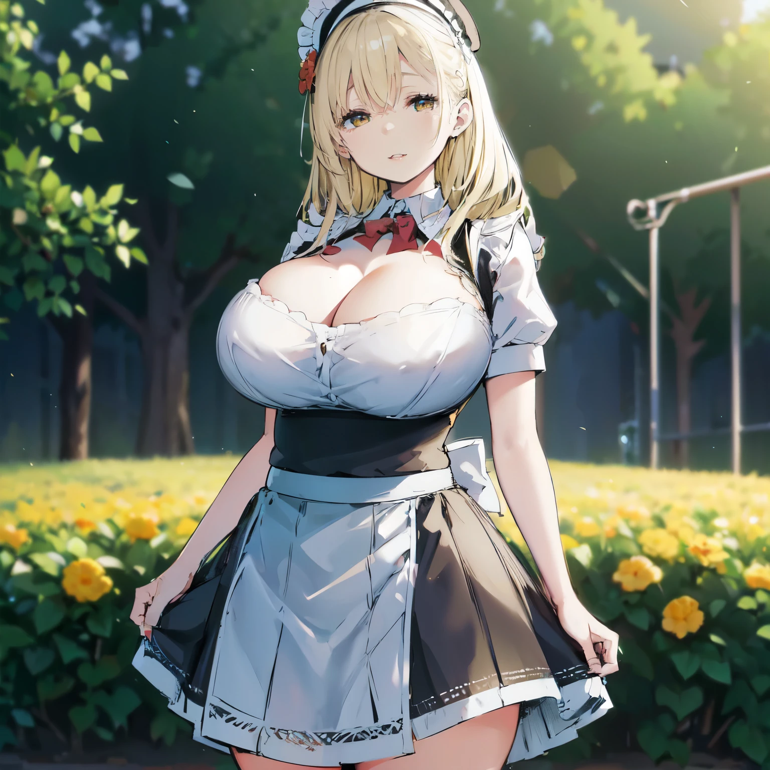 Blonde hair, very huge tits , ((maid uniform, maid hat, long skirt)), ((thick, busty)), amber eyes,  upperbody, smile, cleavage, legs, thigh, garden flower background