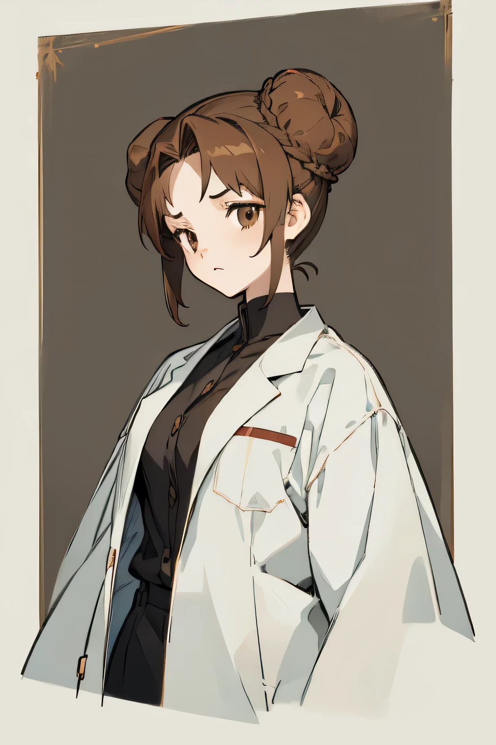 Anime style, semi realistic, brown haired young girl with bun, hair covers eyes, sad expression, brown eyes, scientist clothes, lab coat, Looking at viewer, High Resolution, 1girl, Simple background, Masterpiece, Accurate, Anatomically Correct, Best Quality, Art Deco, HD, High Details,