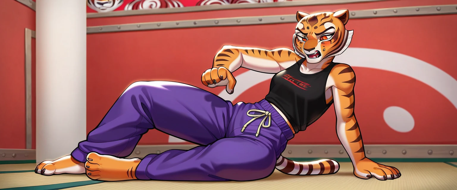 (Caucasian ethnicity) masterpiece , 4k,  lyrics, Tigress\(kung fu panda\) underpants fetish , 1 woman, Purple Pants,  loose pants , plain pants,  martial arts pants black blouse,  bare shoulders , Tigress le roba a su madre sus pantalones morados de artes marciales, masturbates in her mother's pants 