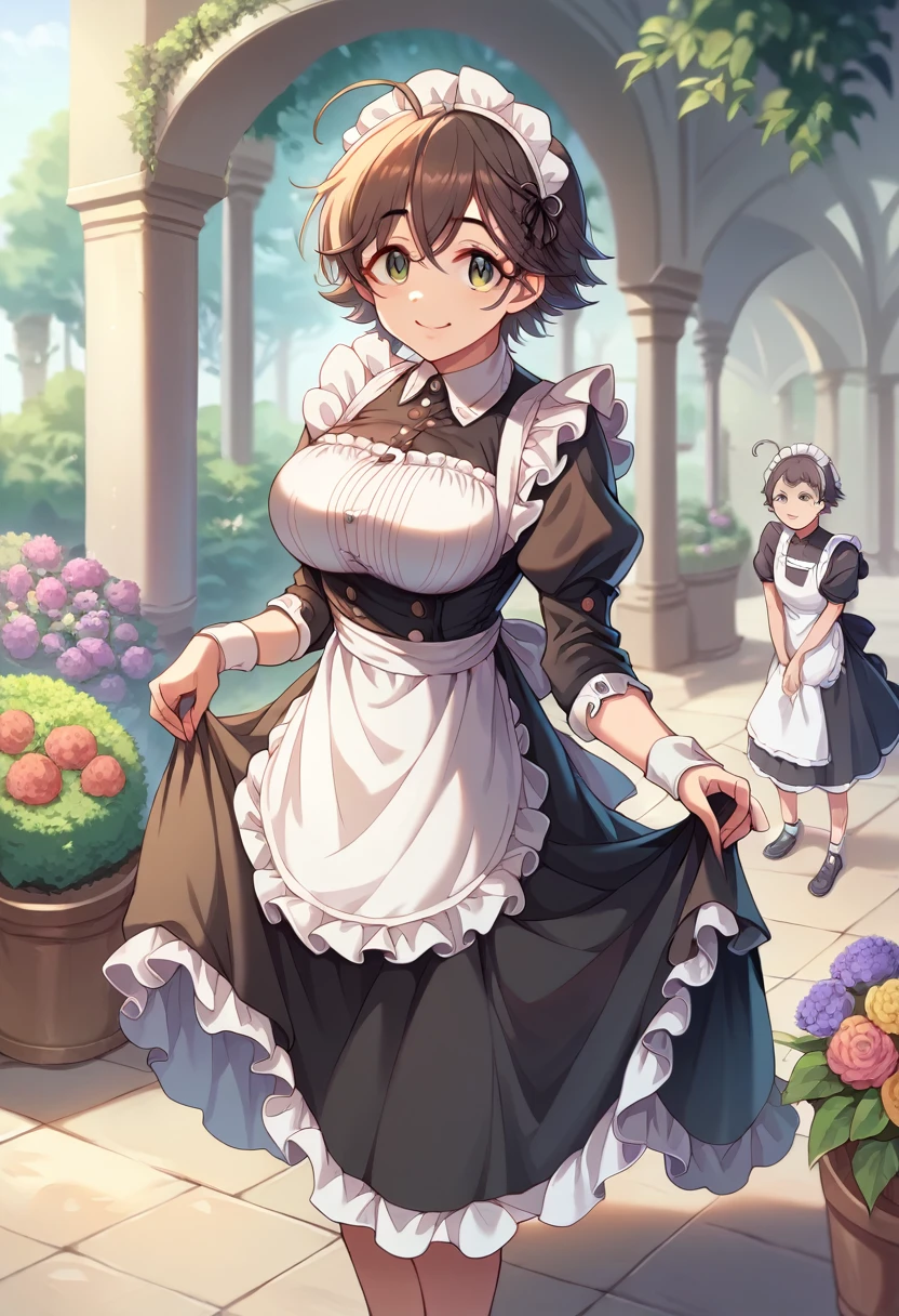 masterpiece, Best Quality,  Hi-Res, Aaazusa,  short hair, Ahoge,  split bangs , Maid, Maid headdress, apron,  black dress,  skirt hold , smile, garden,  is standing,,Big Breasts