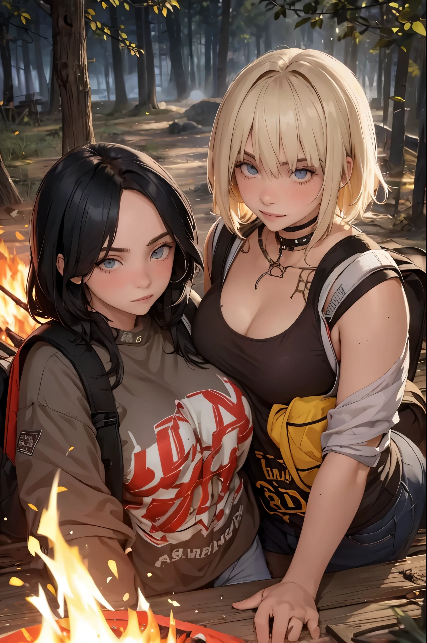 Two hot girls, One with blonde, short hair and the other one with black dark hair, resting by a campfire. Backpacks and weapons. Smiling. Hurt, with scars and bandages. Smiles.