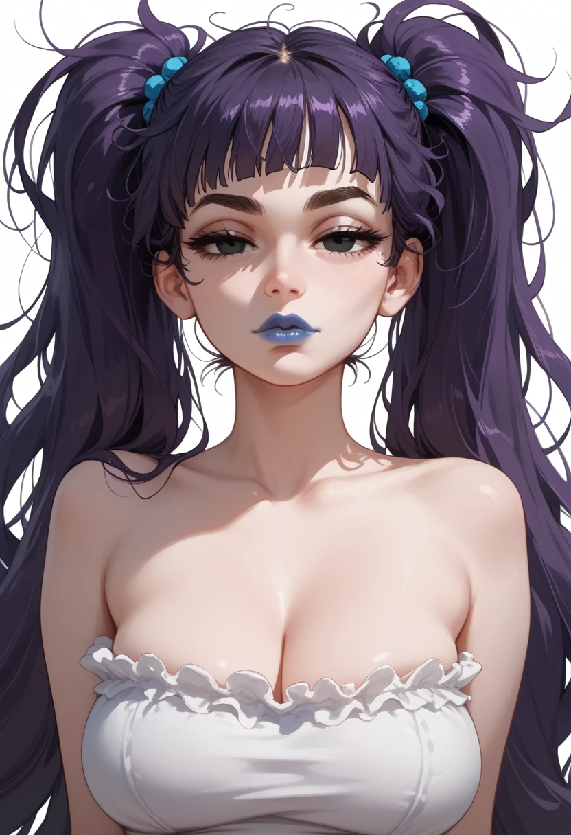 Sexy girl, half closed eyes, twintails hair, very long hair, messy hair, dark purple hair, Blue lipstick, very pale skin, curvy, Big breast, very lined eyes, big eyebrows, black eyes, black very short dress,