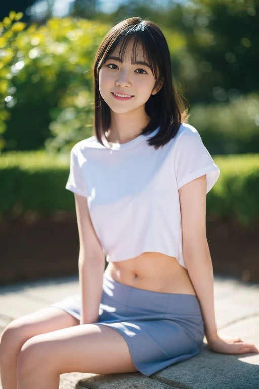 Beautiful 8 year old Japanese woman), cute face, (deeply carved face:0.7), (freckles:0.6), dramatic lighting, shy, pony tail, (smile), (sparkling eyes), slender, track and field athlete, grass, sitting, white tank top, open legs, whole body