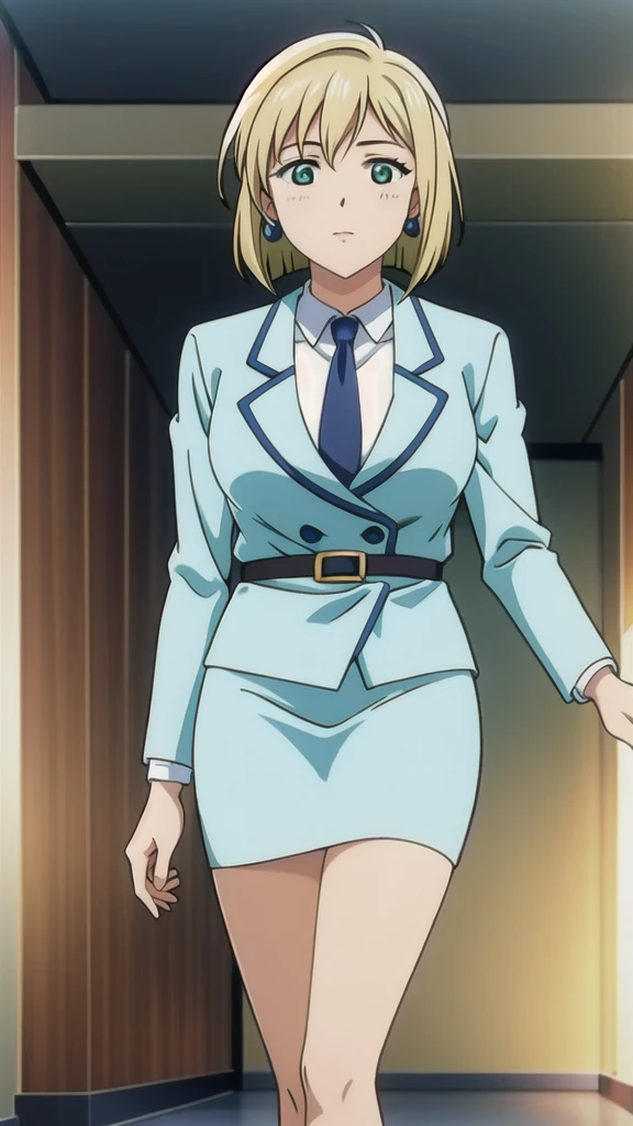 Blonde、 bob cut、Green Eyes，悲しいface， Full Body Style 、 normal breasts、 narrow waist 、Bare legs、In a suit、 blue jacket ,襟付きshirt, shirt, yellow tie ,belt,,  Blue Mini Pencil Skirt, black tights，White pumps，My legs are slightly flabby， OFFICIAL ART, Extremely Fine CG Unity 8k Wallpaper,  full light, colorful , bright _ Front_face_ Lighting,  shiny skin, ( masterpiece:1.0),(Highest_quality:1.0), 超 Hi-Res,4K,Ultra-detailed, photo shoot, 8k,  Hi-Res,  Hi-Res,  absurd:1.2,  Kodak Portra 400,  film grain,  blurry background, Bokeh:1.2,  lens flare , (Vibrant_ color:1.2), Professional photography,Anime Images、