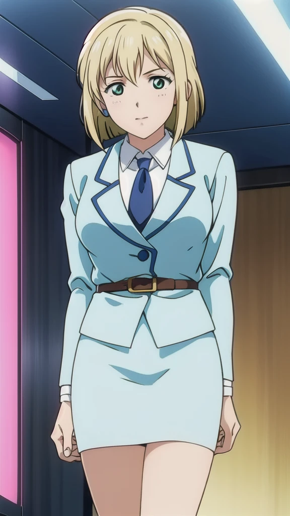 Blonde、 bob cut、Green Eyes，悲しいface， Full Body Style 、 normal breasts、 narrow waist 、Bare legs、In a suit、 blue jacket ,襟付きshirt, shirt, yellow tie ,belt,,  Blue Mini Pencil Skirt, black tights，White pumps，My legs are slightly flabby， OFFICIAL ART, Extremely Fine CG Unity 8k Wallpaper,  full light, colorful , bright _ Front_face_ Lighting,  shiny skin, ( masterpiece:1.0),(Highest_quality:1.0), 超 Hi-Res,4K,Ultra-detailed, photo shoot, 8k,  Hi-Res,  Hi-Res,  absurd:1.2,  Kodak Portra 400,  film grain,  blurry background, Bokeh:1.2,  lens flare , (Vibrant_ color:1.2), Professional photography,Anime Images、