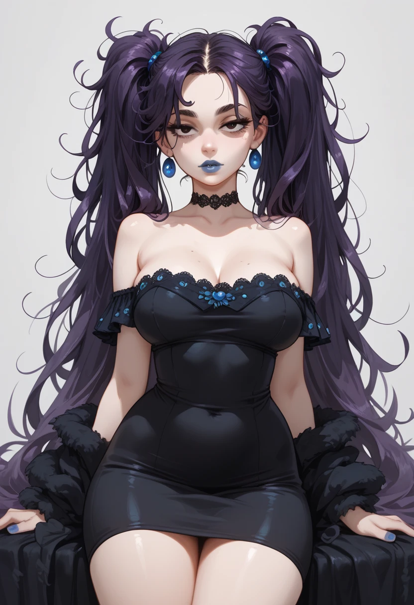 Sexy girl, half closed eyes, twintails hair, very long hair, messy hair, dark purple hair, Blue lipstick, very pale skin, curvy, Big breast, very lined eyes, big eyebrows, black eyes, black very short dress, black sexy dress