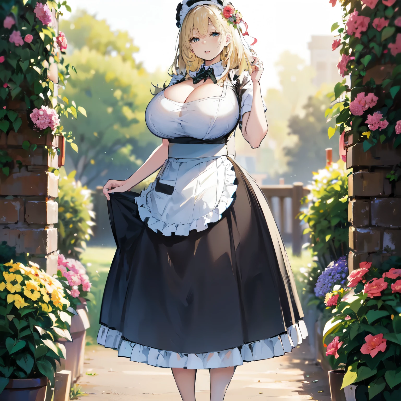 Blonde hair, very huge tits , ((maid uniform, maid hat, long skirt)), ((thick, busty)), amber eyes,  upperbody, smile, cleavage, legs, thigh, garden flower background