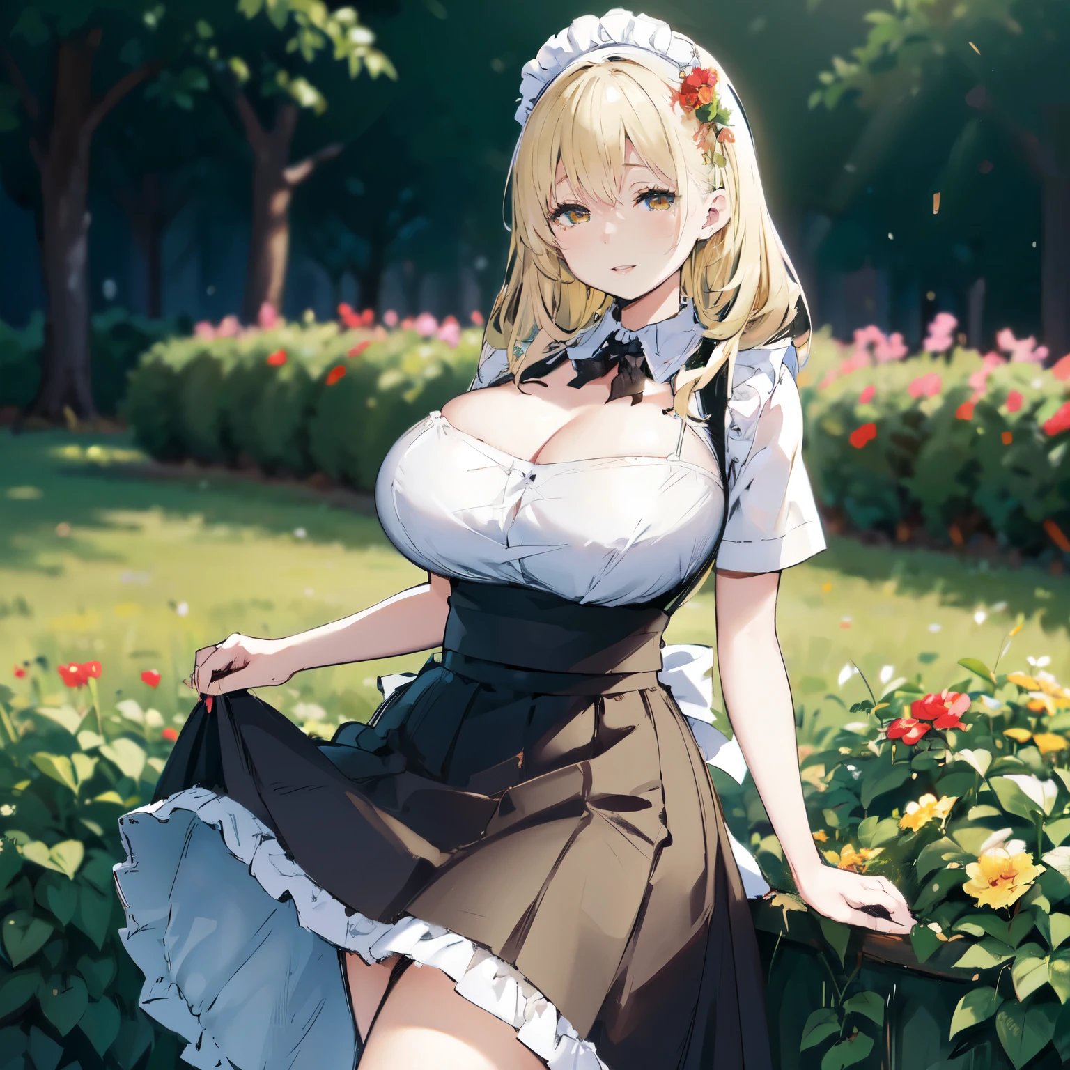 Blonde hair, very huge tits , ((maid uniform, maid hat, long skirt)), ((thick, busty)), amber eyes,  upperbody, smile, cleavage, legs, thigh, garden flower background