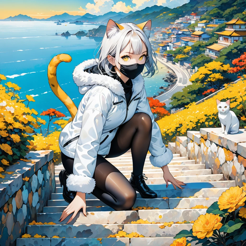 1girl, solo, Nekomata on all fours on stone steps with a view of the sea, yellow cat eyes, black mask, cat tail and short white fur jacket, tight all-over black tights under short white fur jacket, cat claws, brown one-side-parted hair, anthropomorphic female cat, digital colorful landscape, leading to a beautiful view. female-panther pose, 2D illustration, kanekostyle, graphic design, by Kazuma Kaneko, eye shadow, eyelashes